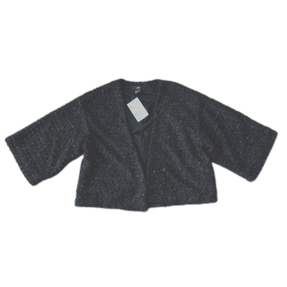 Formal Black Cropped Bolero Jacket 2 Open Front 3/4 Sleeve Lined Sparkly XS NWT